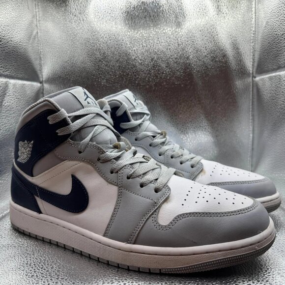 Size 12 - Nike Air Jordan 1 Mid White Wolf Gray Midnight Navy Shoes DQ8426-104 - Picture 1 of 10
